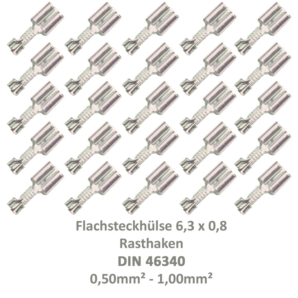 [33-0938-25] 25 Flachsteckhülse 6,3x0,8 Kabelschuh unisoliert 0,50²-1,00² Rasthaken/Rastzunge