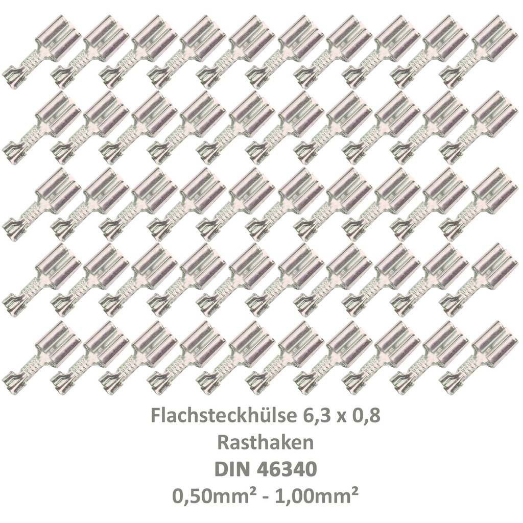 [33-0938-50] 50 Flachsteckhülse 6,3x0,8 Kabelschuh unisoliert 0,50²-1,00² Rasthaken/Rastzunge