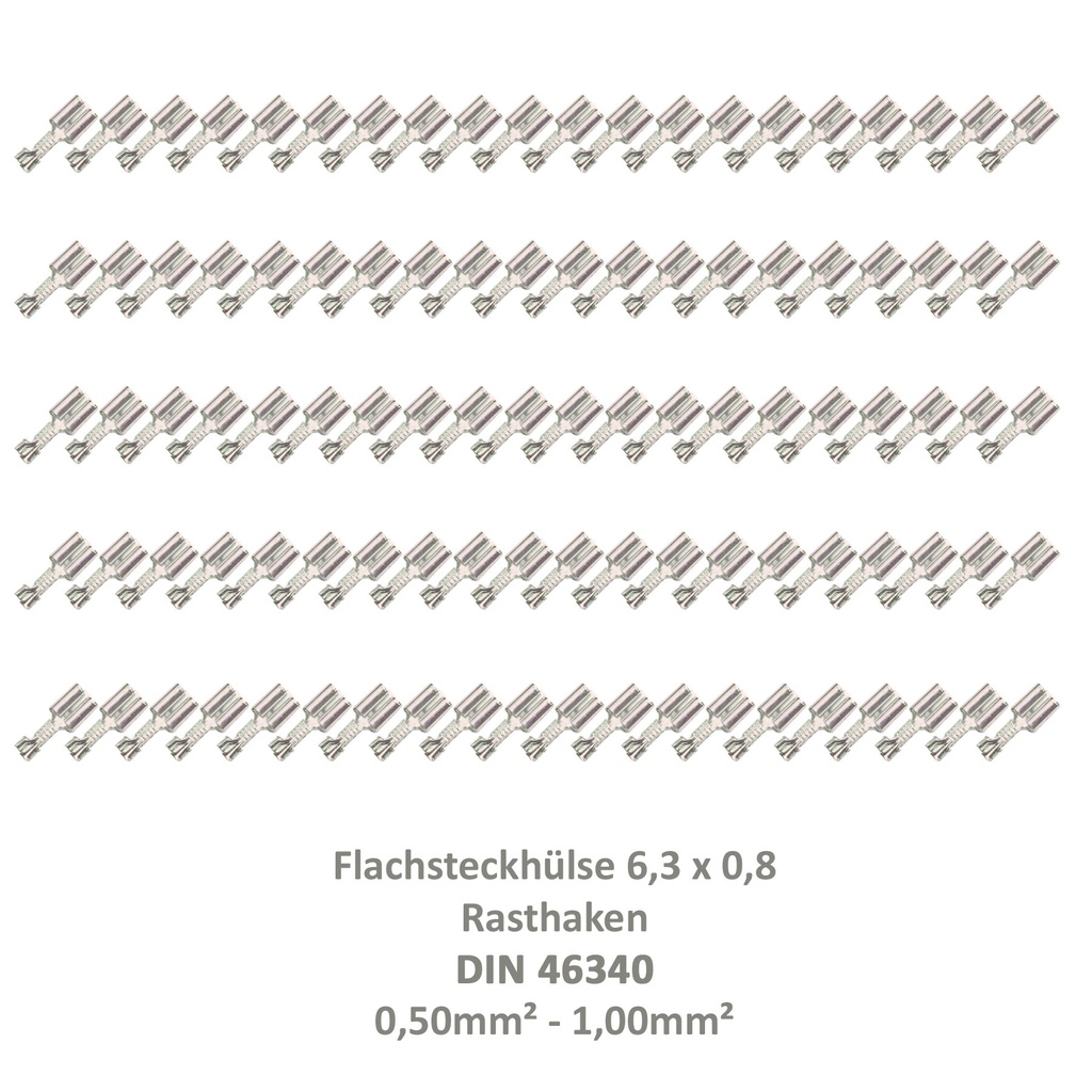 [33-0938-100] 100 Flachsteckhülse 6,3x0,8 Kabelschuh unisoliert 0,50²-1,00² Rasthaken/Rastzunge