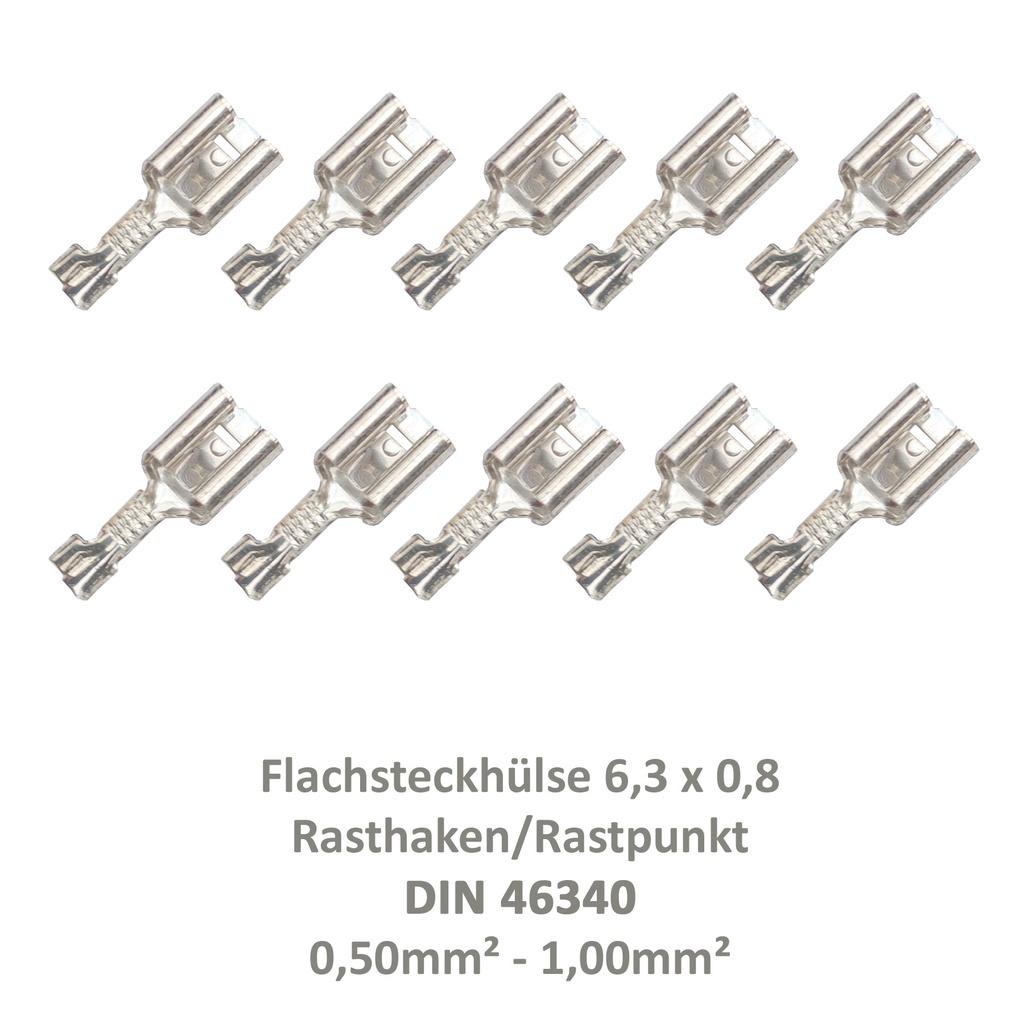 [33-0941-10] 10 Flachsteckhülse 6,3x0,8 Kabelschuh unisoliert 0,50²-1,00² DIN 46340 Rasthaken
