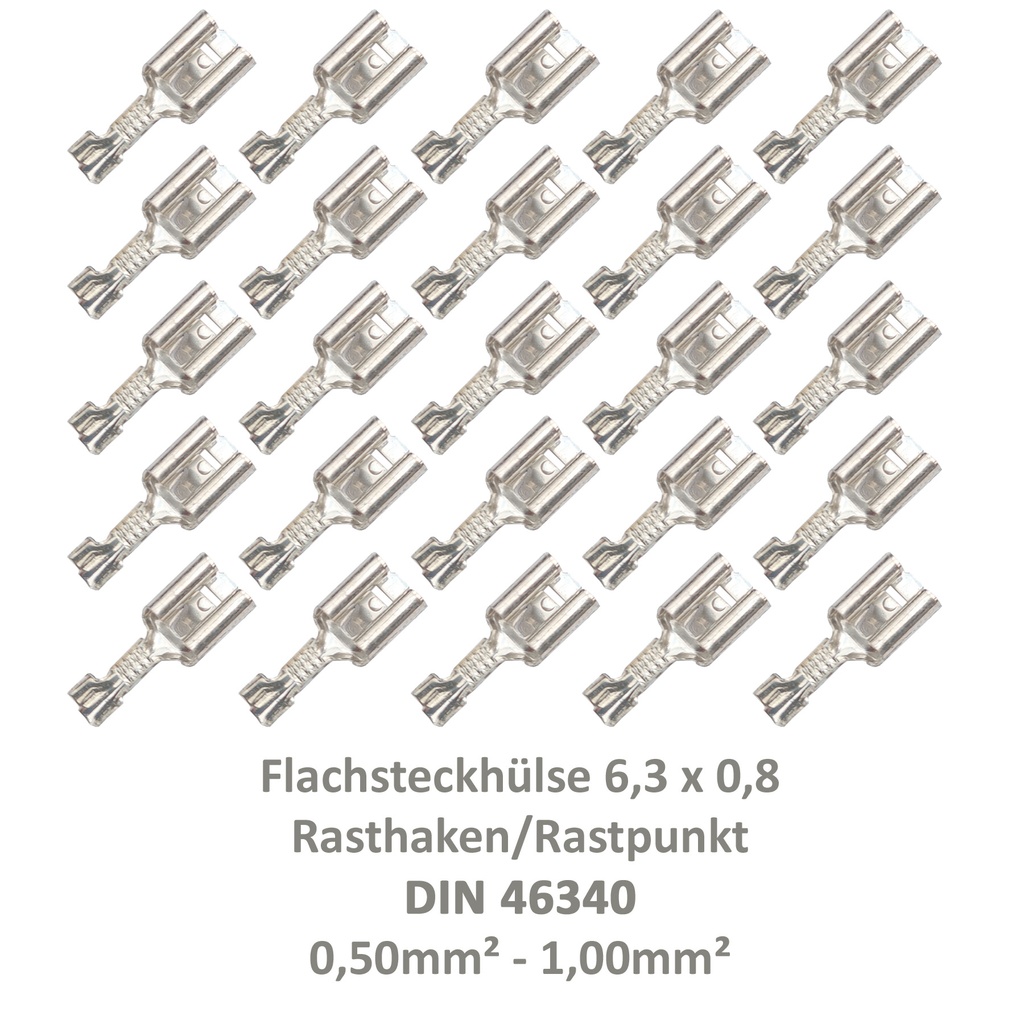 [33-0941-25] 25 Flachsteckhülse 6,3x0,8 Kabelschuh unisoliert 0,50²-1,00² DIN 46340 Rasthaken