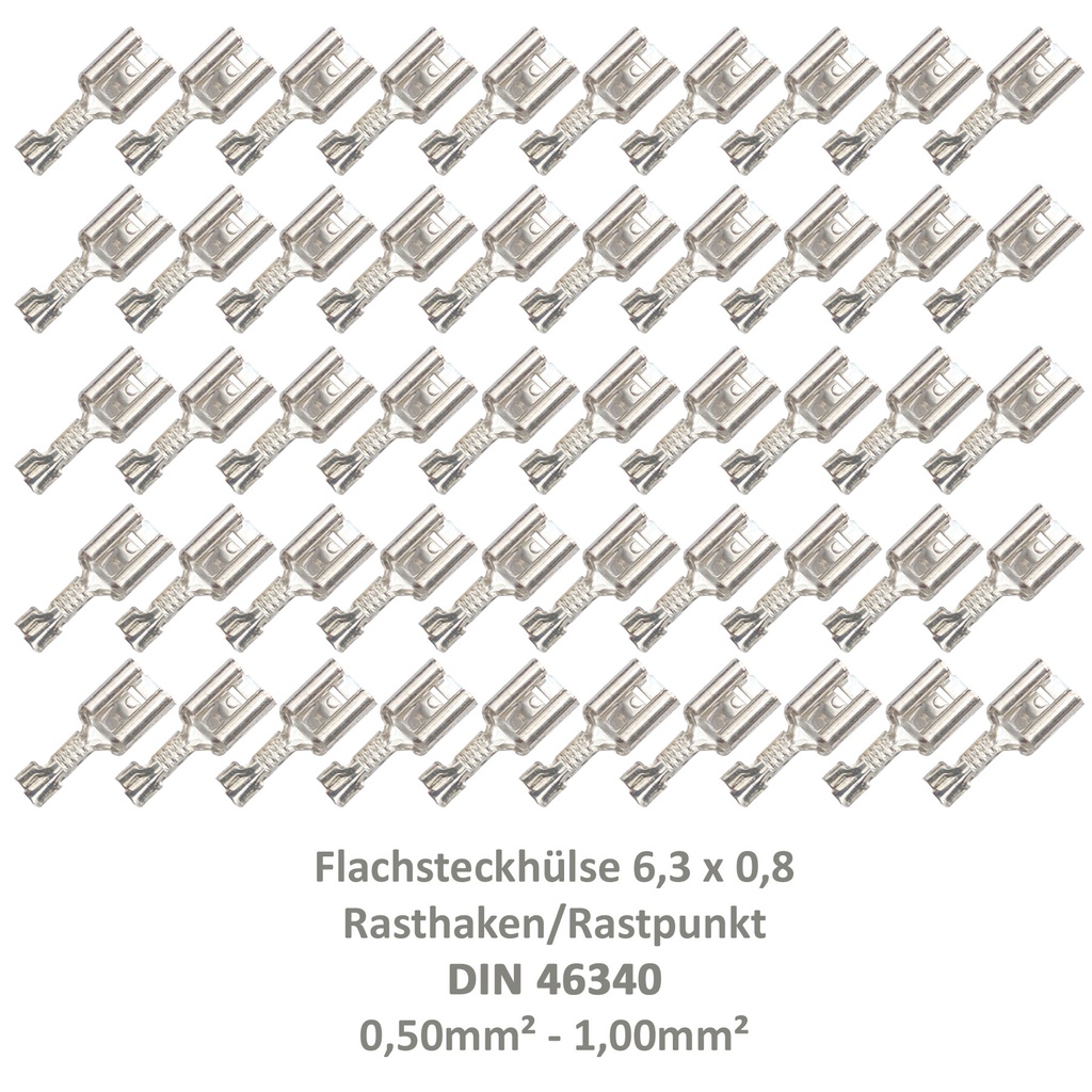 [33-0941-50] 50 Flachsteckhülse 6,3x0,8 Kabelschuh unisoliert 0,50²-1,00² DIN 46340 Rasthaken