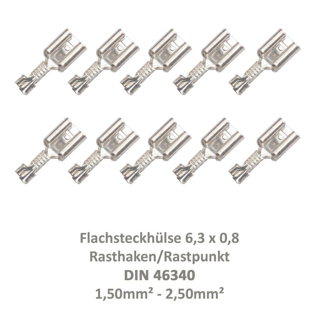 [33-0942-10] 10 Flachsteckhülse 6,3x0,8 Kabelschuh unisoliert 1,50²-2,50² DIN 46340 Rasthaken