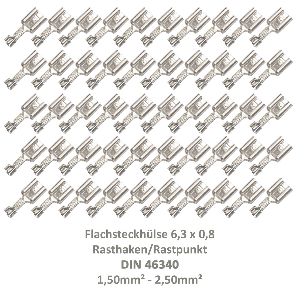 [33-0942-50] 50 Flachsteckhülse 6,3x0,8 Kabelschuh unisoliert 1,50²-2,50² DIN 46340 Rasthaken