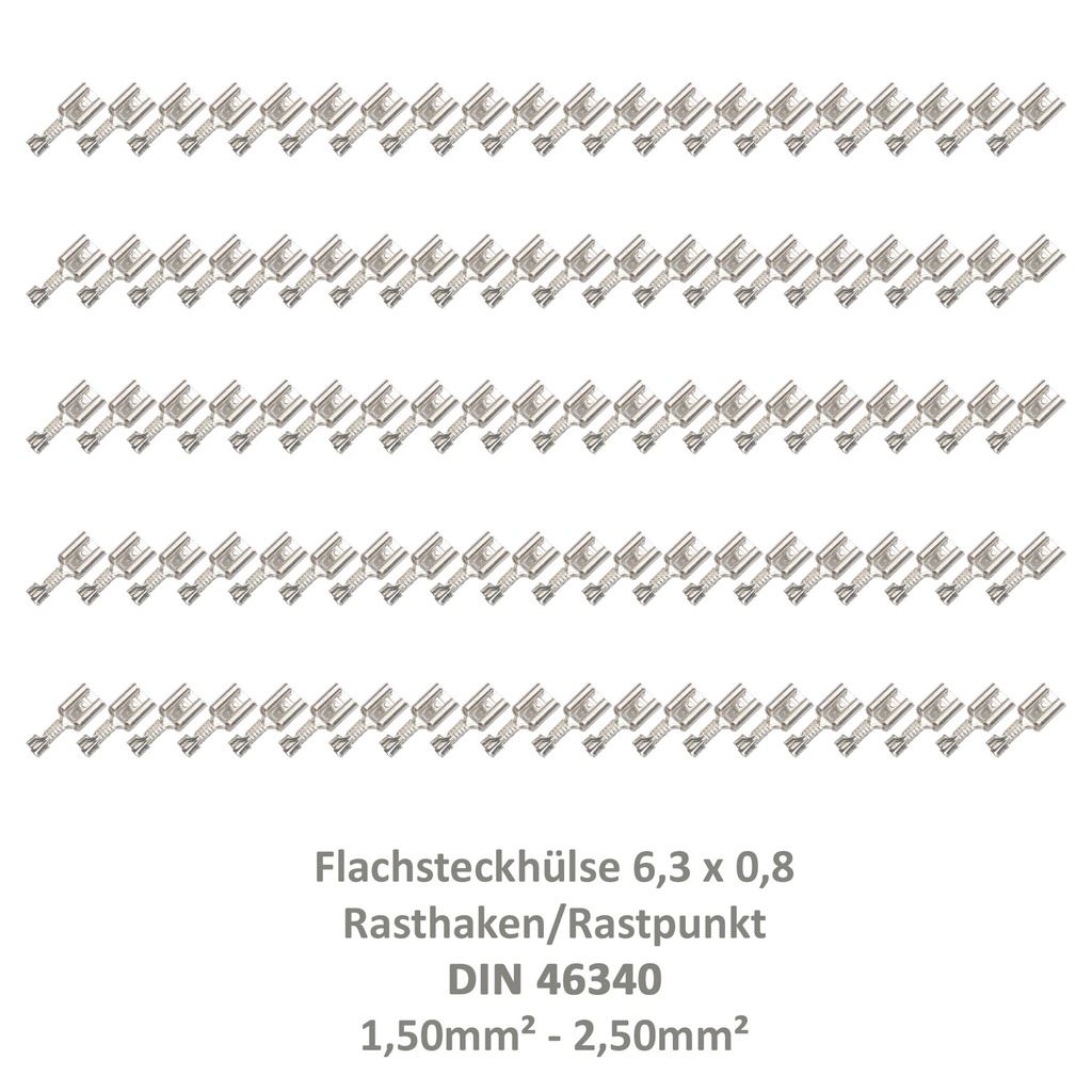 [33-0942-100] 100 Flachsteckhülse 6,3x0,8 Kabelschuh unisoliert 1,5²-2,50² DIN 46340 Rasthaken