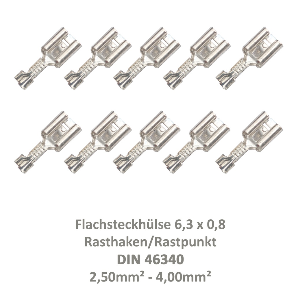 [33-0943-10] 10 Flachsteckhülse 6,3x0,8 Kabelschuh unisoliert 2,50²-4,00² DIN 46340 Rasthaken