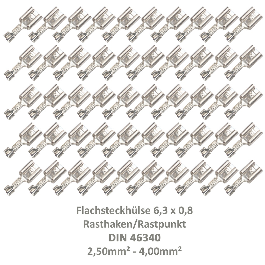 [33-0943-50] 50 Flachsteckhülse 6,3x0,8 Kabelschuh unisoliert 2,50²-4,00² DIN 46340 Rasthaken