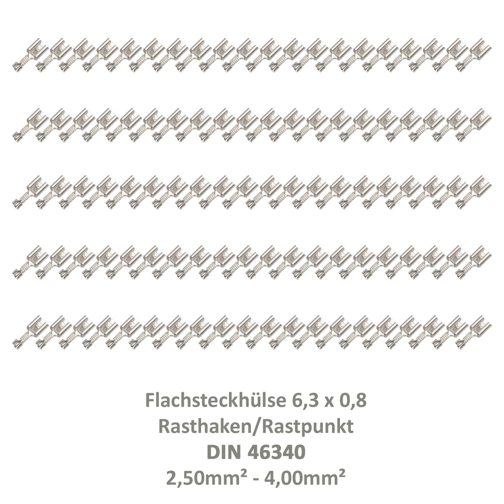 [33-0943-100] 100 Flachsteckhülse 6,3x0,8 Kabelschuh unisoliert 2,5²-4,00² DIN 46340 Rasthaken