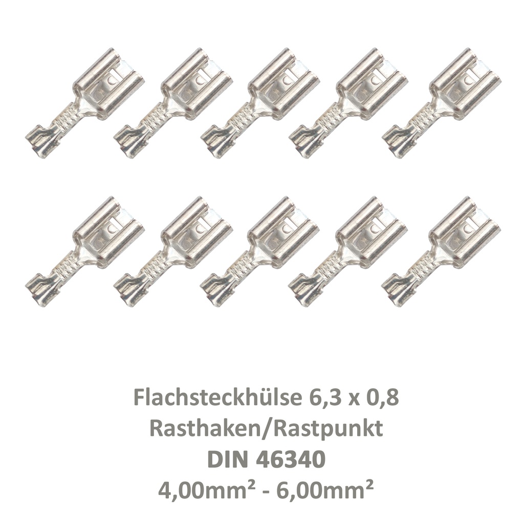 [33-0944-10] 10 Flachsteckhülse 6,3x0,8 Kabelschuh unisoliert 4,00²-6,00² DIN 46340 Rasthaken