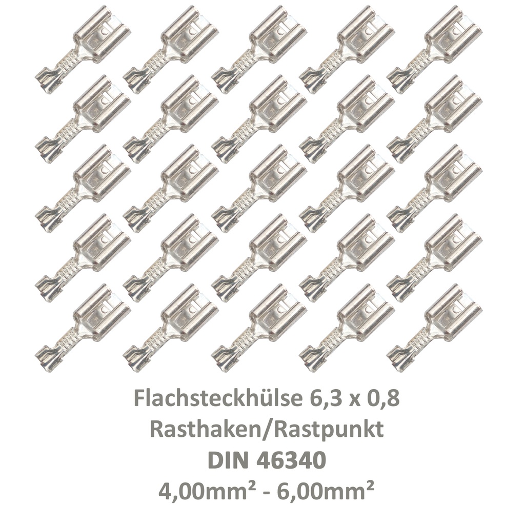[33-0944-25] 25 Flachsteckhülse 6,3x0,8 Kabelschuh unisoliert 4,00²-6,00² DIN 46340 Rasthaken
