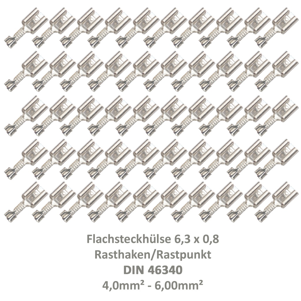 [33-0944-50] 50 Flachsteckhülse 6,3x0,8 Kabelschuh unisoliert 4,00²-6,00² DIN 46340 Rasthaken