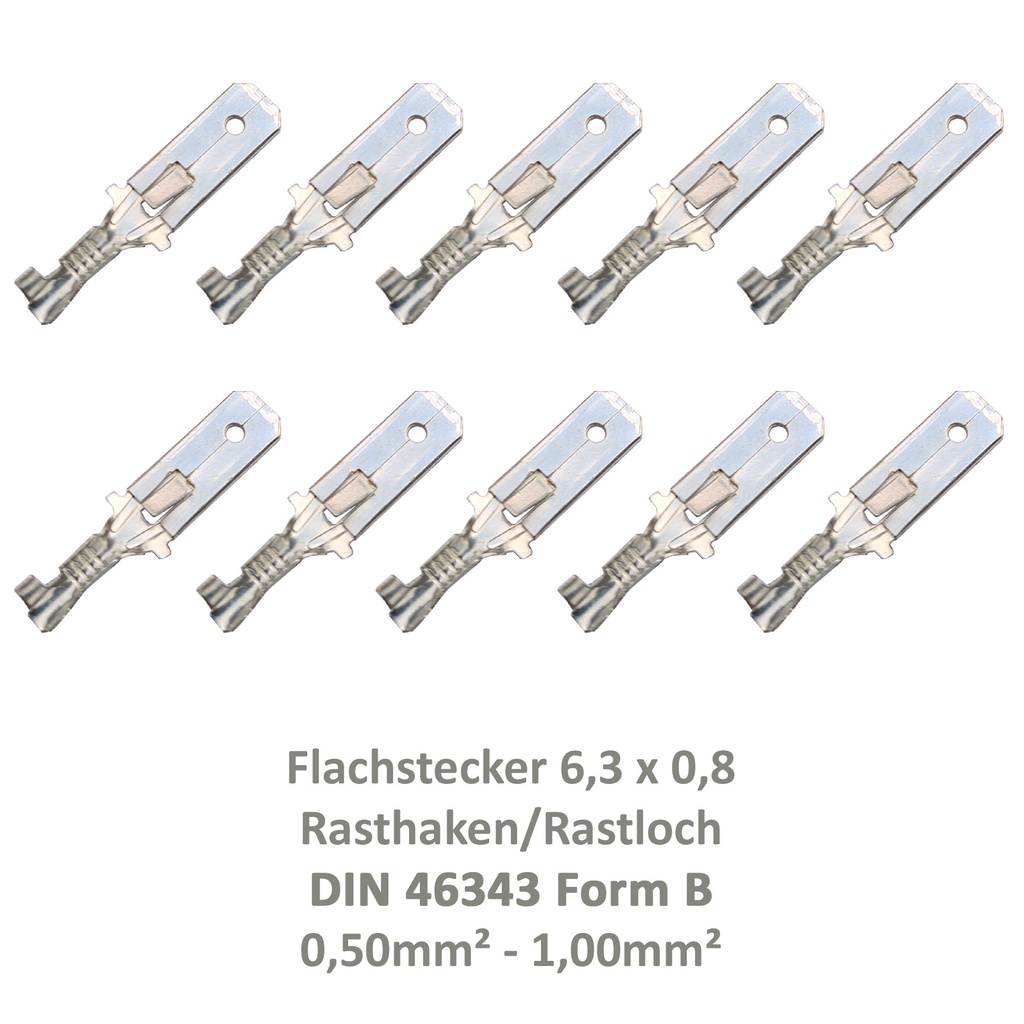 [33-0947-10] 10 Flachstecker 6,3x0,8 Kabelschuh unisoliert 0,50² - 1,00² DIN 46343 Rastloch