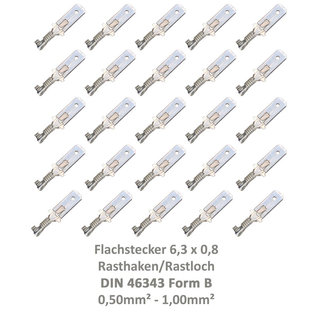 [33-0947-25] 25 Flachstecker 6,3x0,8 Kabelschuh unisoliert 0,50² - 1,00² DIN 46343 Rastloch