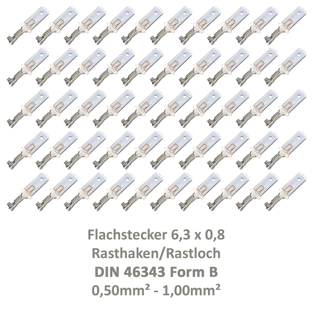 [33-0947-50] 50 Flachstecker 6,3x0,8 Kabelschuh unisoliert 0,50² - 1,00² DIN 46343 Rastloch