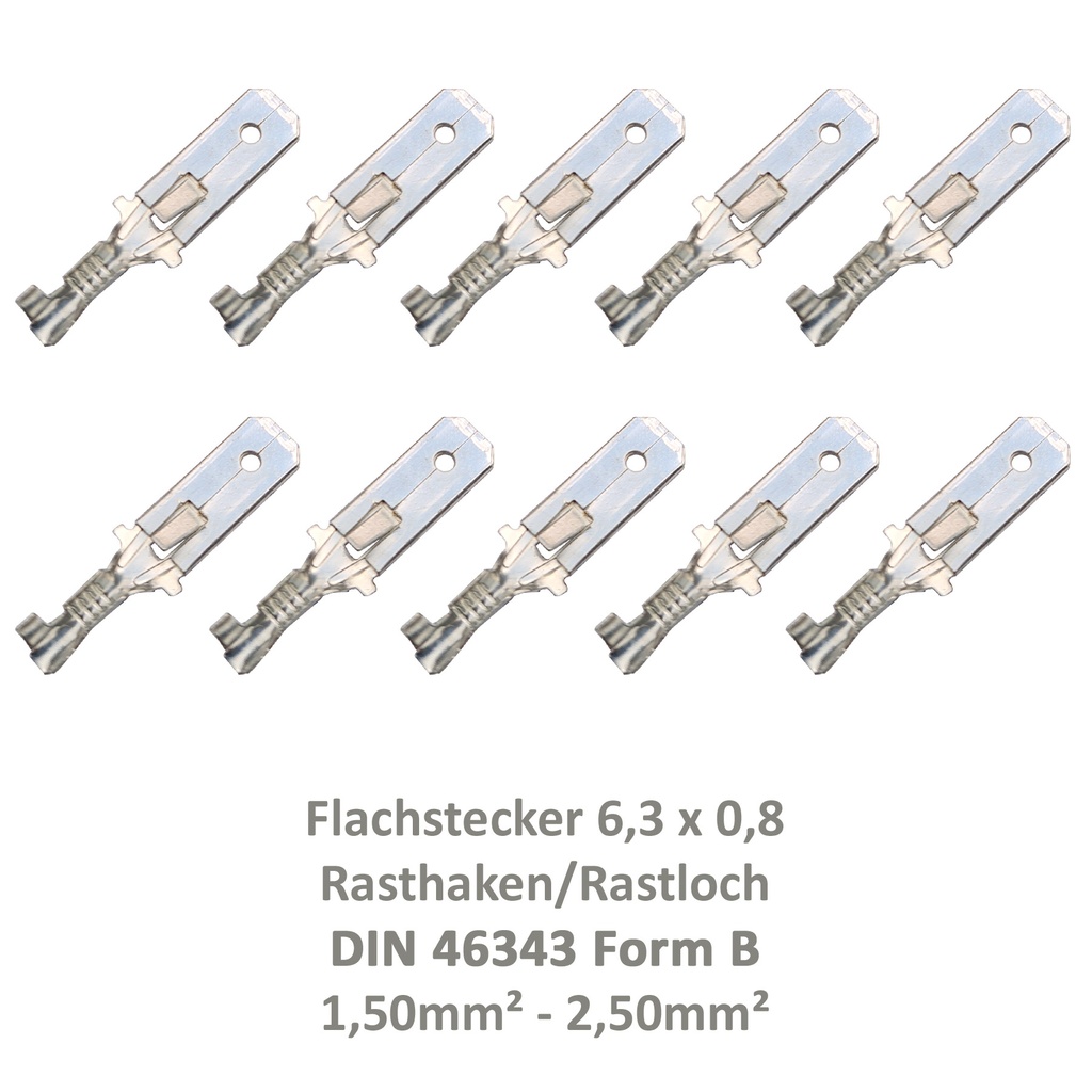 [33-0948-10] 10 Flachstecker 6,3x0,8 Kabelschuh unisoliert 1,50² - 2,50² DIN 46343 Rastloch