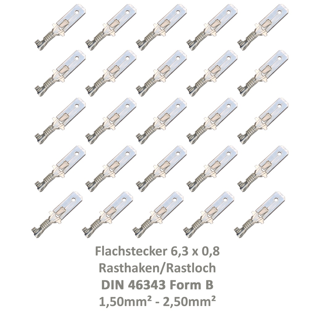 [33-0948-25] 25 Flachstecker 6,3x0,8 Kabelschuh unisoliert 1,50² - 2,50² DIN 46343 Rastloch