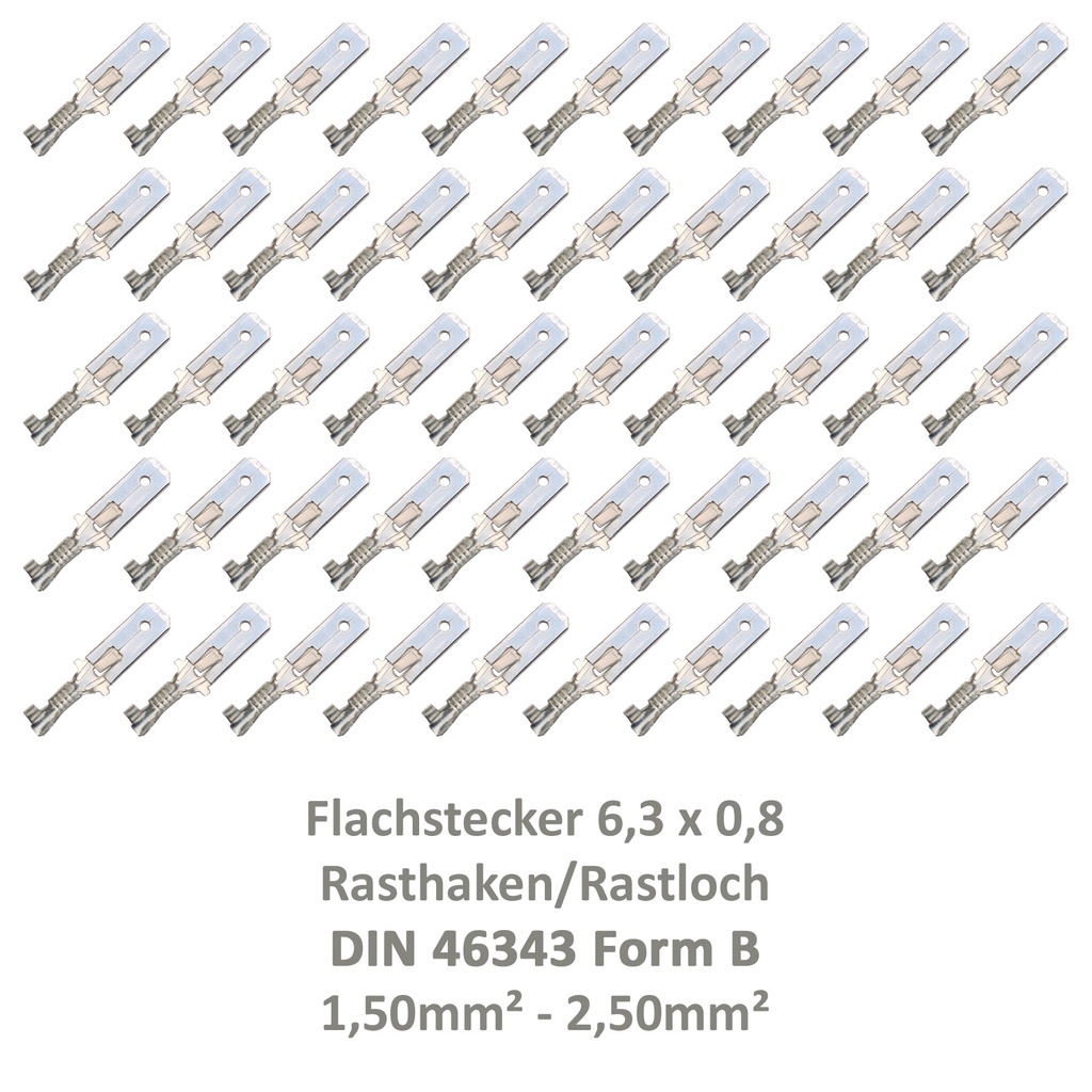 [33-0948-50] 50 Flachstecker 6,3x0,8 Kabelschuh unisoliert 1,50² - 2,50² DIN 46343 Rastloch