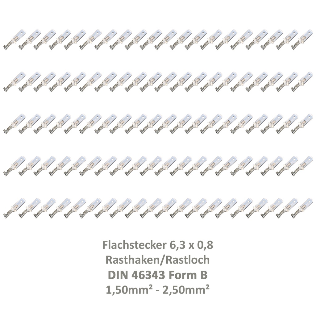 [33-0948-100] 100 Flachstecker 6,3x0,8 Kabelschuh unisoliert 1,50² - 2,50² DIN 46343 Rastloch