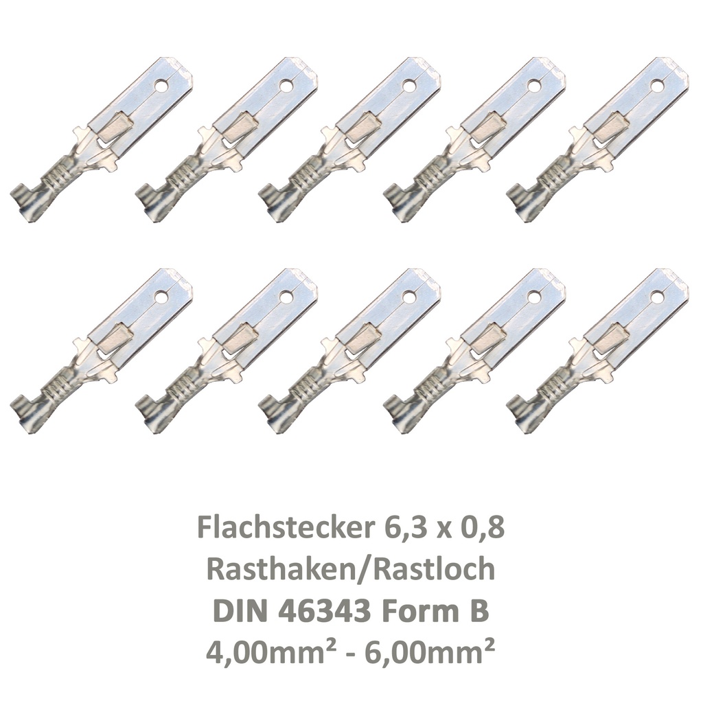 [33-0949-10] 10 Flachstecker 6,3x0,8 Kabelschuh unisoliert 4,00² - 6,00² DIN 46343 Rastloch