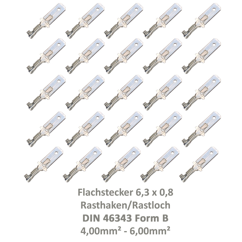 [33-0949-25] 25 Flachstecker 6,3x0,8 Kabelschuh unisoliert 4,00² - 6,00² DIN 46343 Rastloch