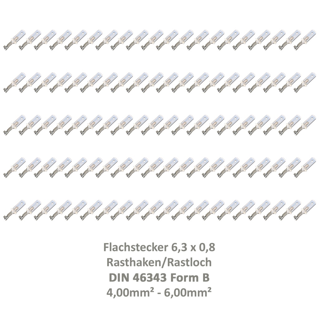 [33-0949-100] 100 Flachstecker 6,3x0,8 Kabelschuh unisoliert 4,00² - 6,00² DIN 46343 Rastloch