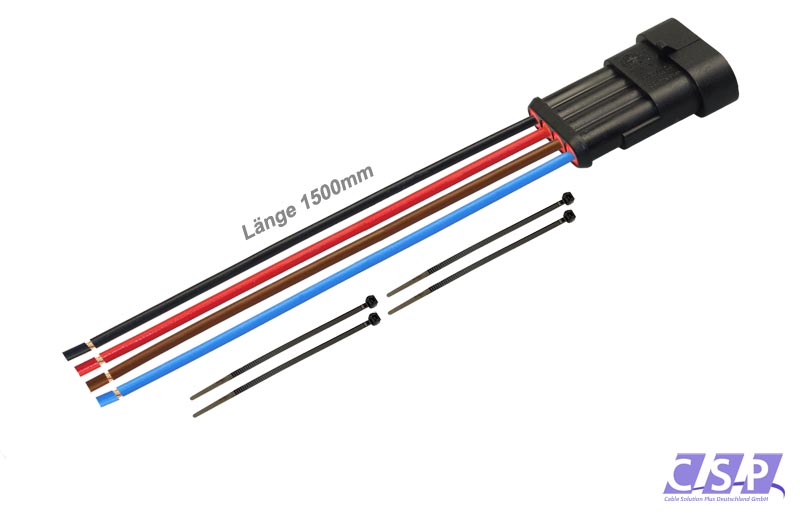 [33-0371] Superseal 4-polig konfektioniertes Stiftgehäuse, 1500mm, Leitung H07V-K 1,50mm², Kabelbinder