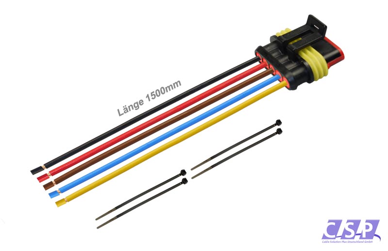 [33-0374] Superseal 5-polig konfektioniertes Buchsengehäuse, 1500mm, Leitung H07V-K 1,50mm², Kabelbinder