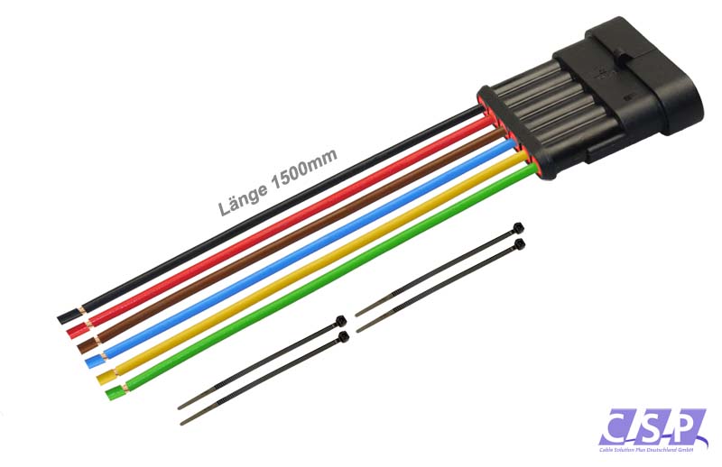 [33-0375] Superseal 6-polig konfektioniertes Stiftgehäuse, 1500mm, Leitung H07V-K 1,50mm², Kabelbinder