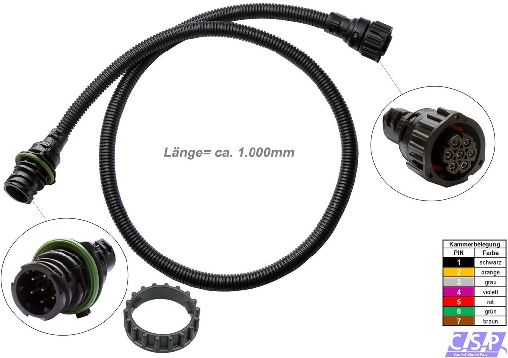 [33-2014] Verlängerung 1000mm Stecker 7-pol Rückleuchte DIN passend zu MAN Mercedes Volvo Renault