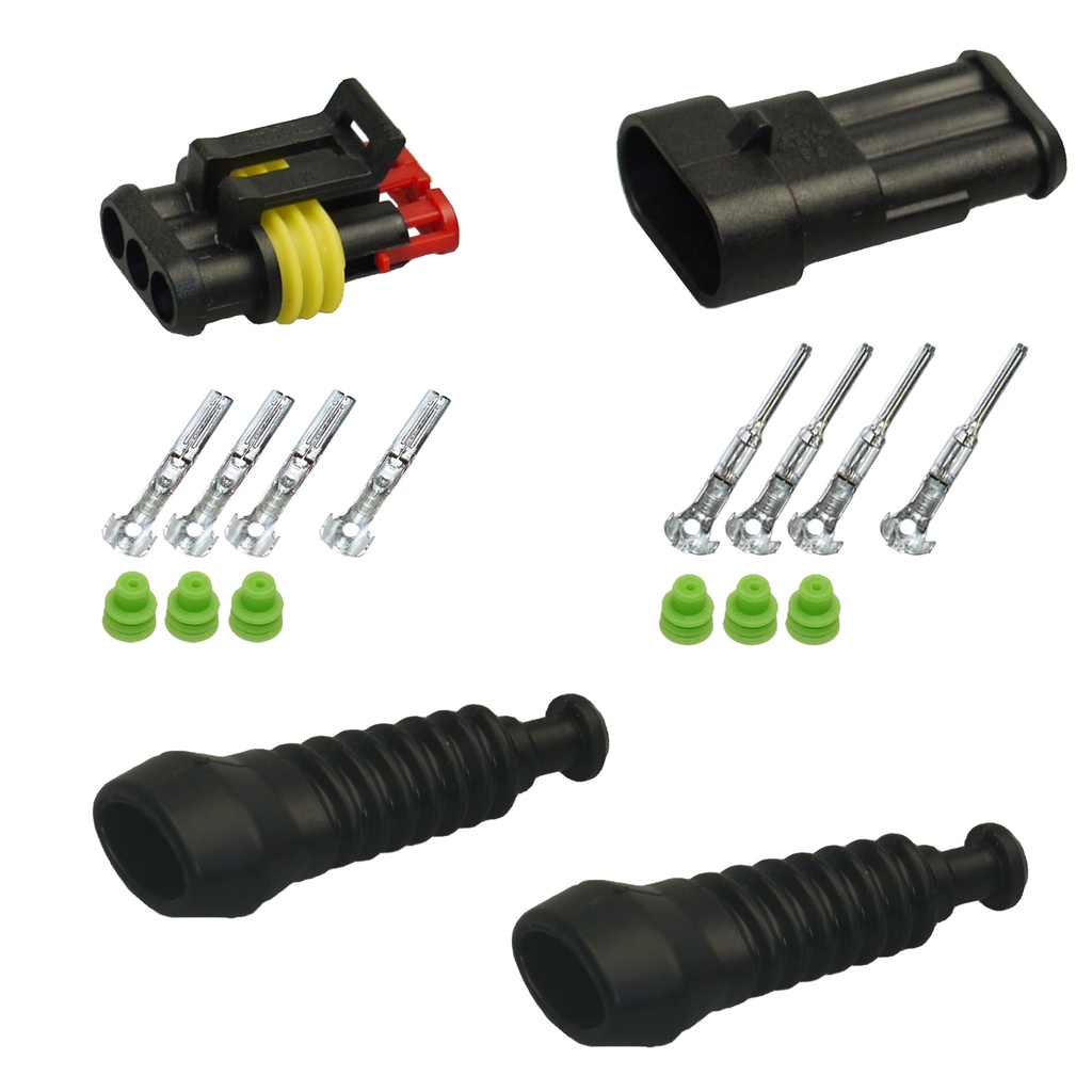[33-0002-GN-T] Superseal Gehäuse Set 3-polig, 0,35mm² - 0,50mm²,  mit Gummi- Knickschutztüllen