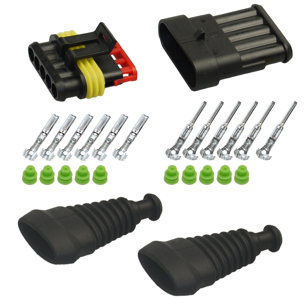 [33-0004-GN-T] Superseal Gehäuse Set 5-polig, 0,35mm² - 0,50mm²,  mit Gummi- Knickschutztüllen