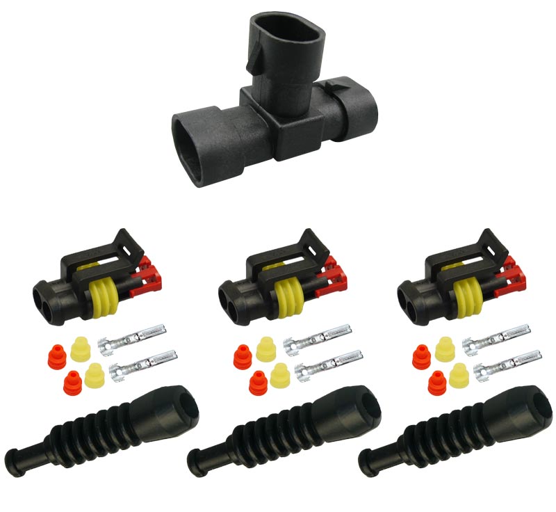 [33-0009] Superseal T-Stück Set Gehäuse T-Verteiler Stift 2-polig mit passenden Buchsengehäusen und Gummi- Knickschutztüllen